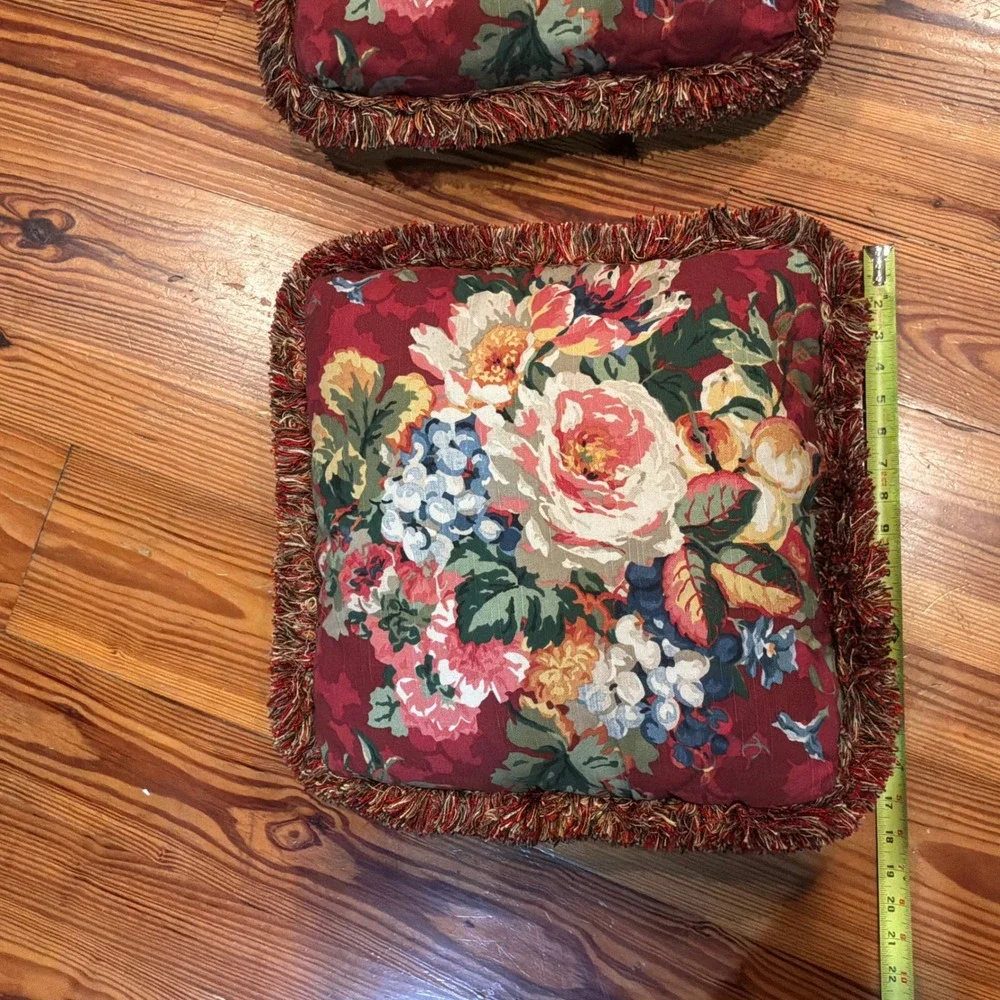 Vintage Floral Fringe Throw Pillows Set of 2 Burgundy Red Rose Peony 18x18